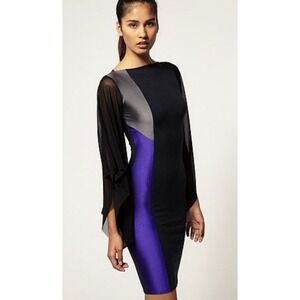 Rebecca Torres Black and Purple Lycra Mini Bodycon Mesh Flowy Sleeves Small